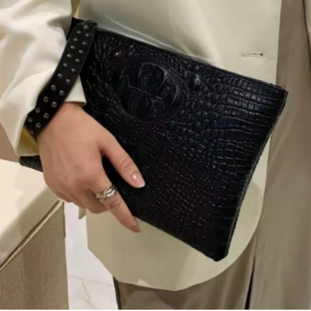 Black Crocodile Embossed Clutch